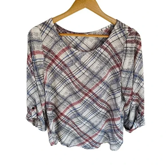 Urban Outfitters skies are blue size L white blue red plaid top 3/4 sleeves - Picture 1 of 5